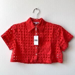 Eyelet Cropped Cabana Shirt Hot Coral